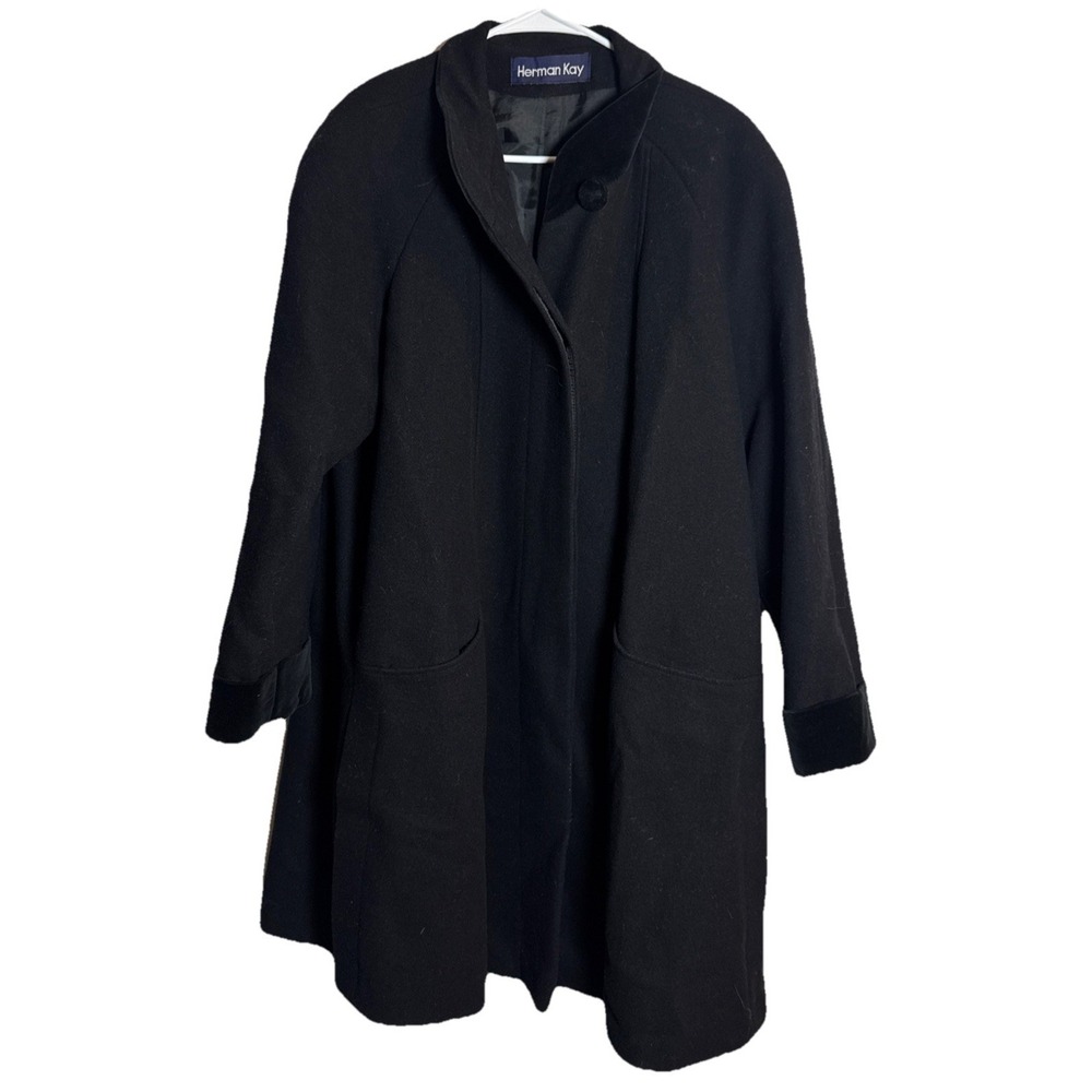 Vintage Herman Kay Black 100% Wool Coat Women's Size 10 Button Front Mid Length